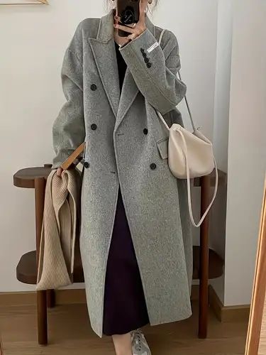 Temu Woolen Coat Woman, Gray Wool Coat, Lapel Coat, Wool Overcoat, Women Overcoat, Winter Outerwear, Winter Outfits Men, Loose Outfit, Woolen Coat