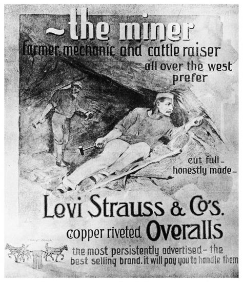 The Gold Rush and Levi’s: Gold was discovered in California in 1848.  Levi Strauss began selling heavy canvas to the miners as tents, but when they complained that their pants weren’t good enough, he began to make pants out of the canvas used for the tents.  He soon began to use denim as the fabric of choice for the jeans, thus the birth of blue jeans. California Gold Rush, Forty Niners, Gold Miners, Levis Vintage Clothing, Catalog Cover, Today In History, Jeans Levis, Photo Vintage, Workwear Fashion