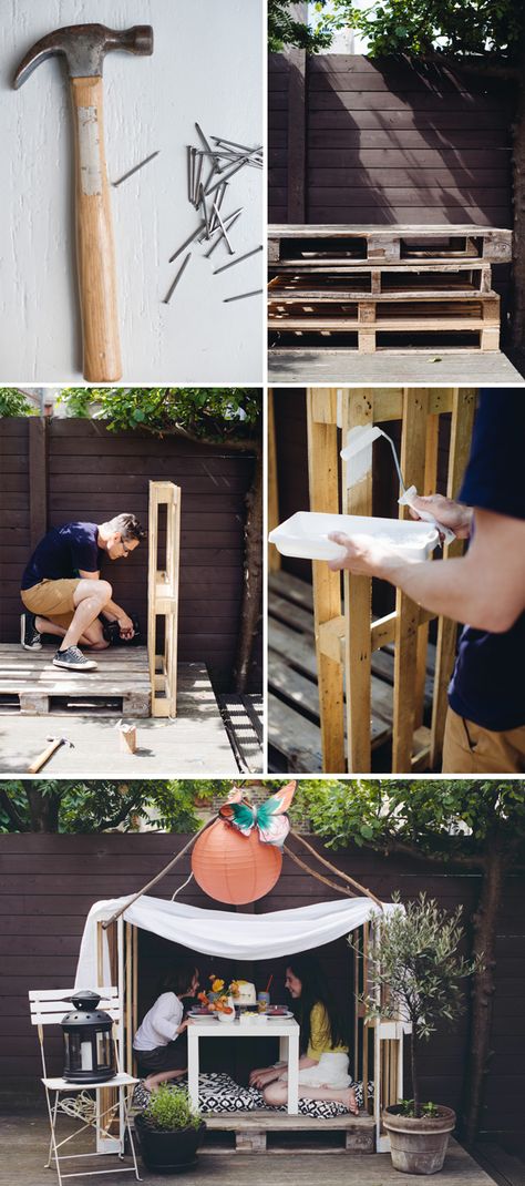 DIY three pallet wooden playhouse (so easy!). Kids Playhouse Outdoors, Pallet Playhouse, Build A Playhouse, Playhouse Outdoor, Wooden Playhouse, Pallet Creations, Outdoor Classroom, Pallet Crafts, Diy Pallet Projects