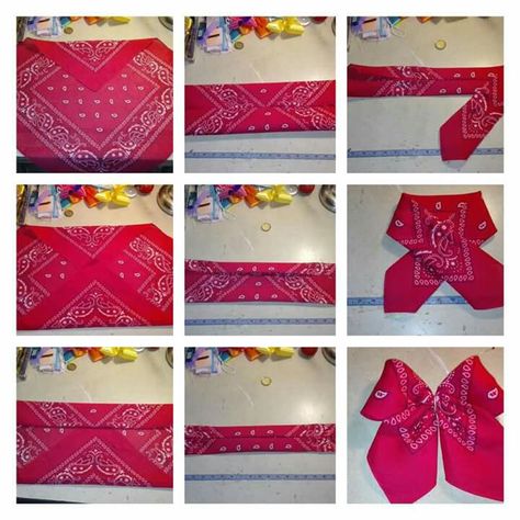 Cheer Bows Diy, Bandana Crafts, Hair Bow Instructions, Hairstyles Theme, Girls Hair Bows Diy, Diy Ribbon Flowers, Diy Hair Accessories Ribbon, Bandana Bow, Fabric Hair Bows