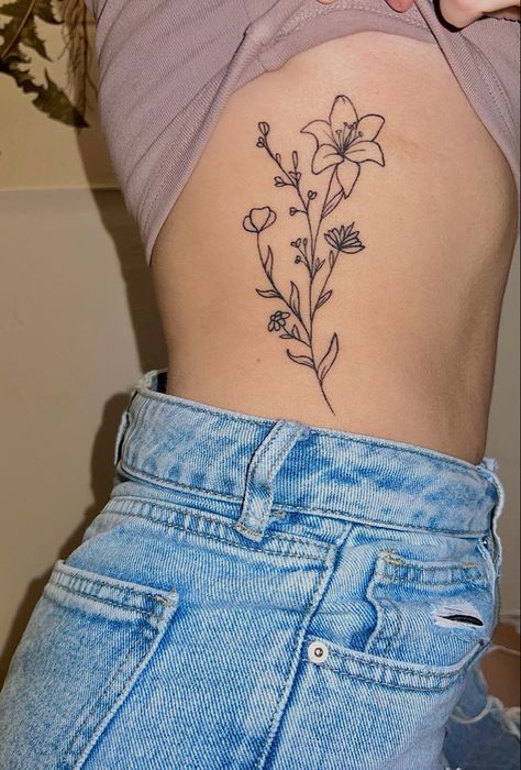 Forearm Tattoo Women Small Meaningful, Female Simple Tattoos, Simple Tattoos No Shading, Vertical Small Tattoos, Side Floral Tattoo, Tattoo Ideas Hip Thigh Piece, Girly Flower Tattoos, Simple But Cute Tattoos, Flower Side Rib Tattoo