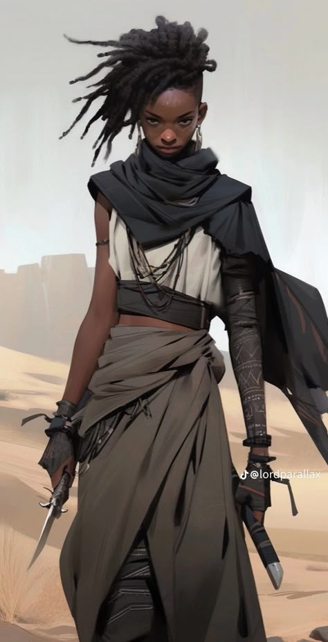 Desert Princess Character Design, Desert Warrior Fantasy Art, Loincloth Female, Native Character Design, Desert Fantasy Clothing, Fantasy Desert Clothing, Dune Inspired Outfit, Dark Skin Character Design, Desert Outfit Fantasy