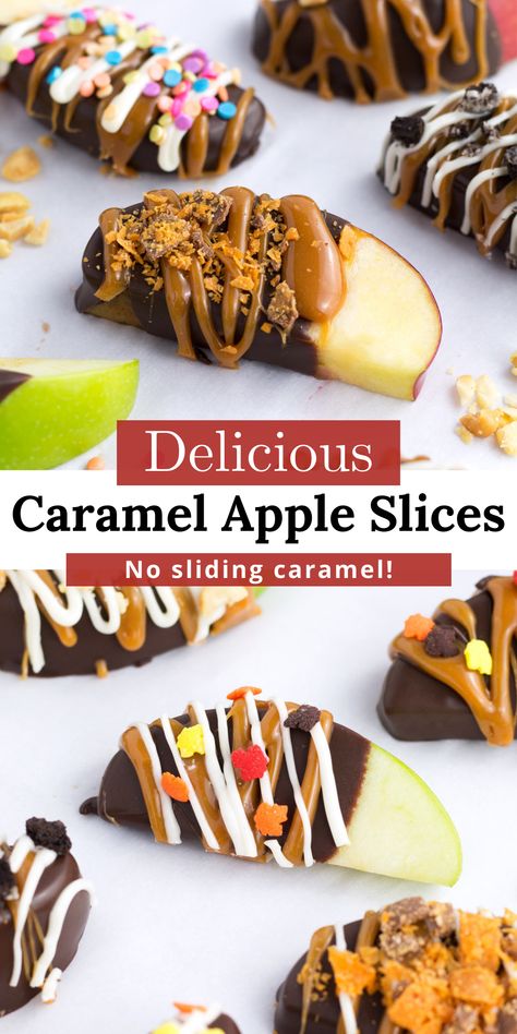 Carmel Covered Apples Slices, Apple Slices With Toppings, Decorate Caramel Apples, Apple Slices With Chocolate And Caramel, Apple Covered In Caramel, Mini Caramel Apples Bites, Choc Covered Apple Slices, Caramel Apples For Wedding, Caramel Apples For Party