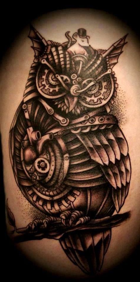 Black Owl Tattoo, Steampunk Tattoo Design, Mechanical Owl, Steampunk Tattoos, Mens Owl Tattoo, Tattoos For Women On Thigh, Biomech Tattoo, Owl Tattoo Meaning, Animals Tattoos