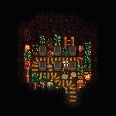 My Stardew Valley mushroom cave (no mods) Stardew Valley Farm No Mods, Stardew Valley Fruit Bat Cave Ideas, Stardew Valley Mushroom Cave Design, Stardew Valley Farm Design Ideas, Stardew Valley Vanilla Design, Bat Cave Stardew Valley, Stardew Cave Design, Stardew Valley Decorating The Town, Stardew Valley Cave Design