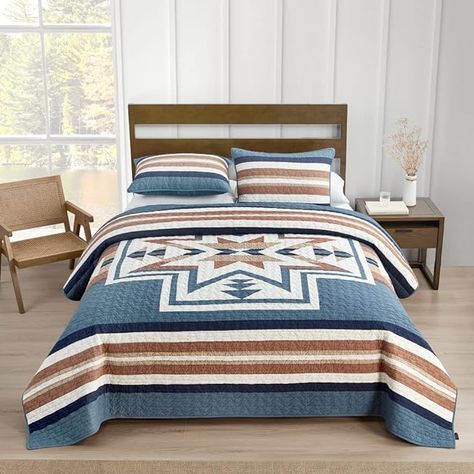 PENDLETON 29274 Silver City Full/Queen Quilt Set Soft Cotton Bed Cover Rustic Home Decor Bedspread Luxury Coverlet Set Cozy Lightweight Quilt and Pillow Shams Set, Full/Queen, Blue Mirage City Quilt, Western Comforter Sets, Western Bedding Sets, Western Quilts, Western Bedroom Decor, Western Bedding, Western Bedroom, Geometric Quilt, Farmhouse Master