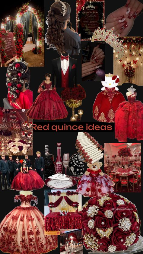 Rose Quinceanera Theme, Red And Gold Quinceanera Decorations, Charro Quinceanera Theme, Red Quinceanera Theme, Red Quince Theme, Quince Theme Ideas, Quinceanera Surprise Dance, Red Quinceanera Ideas, Quinceanera Red