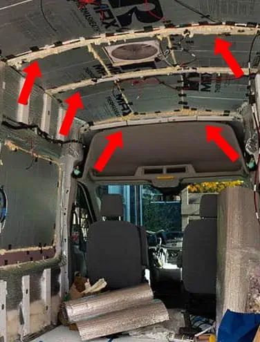 How To Insulate A Camper Van, Camper Van Lighting, Van Ceiling Ideas, Cedar Plank Ceiling, Camper Ceiling, Van Conversion Walls, Van Ceiling, Van Conversion Insulation, Campervan Storage Ideas