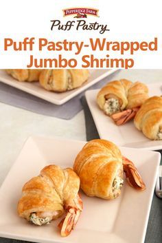 Pepperidge Farm Puff Pastry-Wrapped Jumbo Shrimp Recipe. Want to impress your guests?  Then whip up a batch of  these delectable Puff-Pastry wrapped shrimp stuffed with a mix of cheese, bacon and parsley.  They're superb! Shrimp In Puff Pastry, Puff Pastry Shrimp Appetizers, Shrimp Puff Pastry Appetizers, Shrimp Puff Pastry Recipes, Shrimp Puffs, Jumbo Shrimp Recipes, Puff Pastry Recipes Savory, Wrapped Shrimp, Shrimp Stuffed