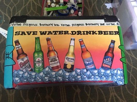 save water drink beer alcohol cooler fraternity Painted Coolers For Guys Fraternity, Tke Cooler, Ka Cooler, Ato Cooler, Flask Painting, Painted Beer Bottles, Painted Fraternity Coolers, Nola Cooler, Diy Beer Pong