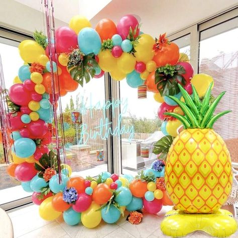 123pcs Tropical Flamingo Hawaiian Balloon Arch Garland Kit With Giant Pineapple Flamingo Pineapple Foil Balloons, And Sky Blue, Hot Pink, Orange, And Yellow Latex Balloons, For Luau Party Decoration, Aloha Summer Beach Birthday Party Decorations, Baby Shower | SHEIN USA Pineapple Balloon Arch, Hawaiian Balloon Arch, Beach Birthday Party Decorations, Hawaiian Decorations, Hawaii Decorations, Pineapple Balloons, Flamingo Balloons, Hawaii Theme, Luau Party Decorations