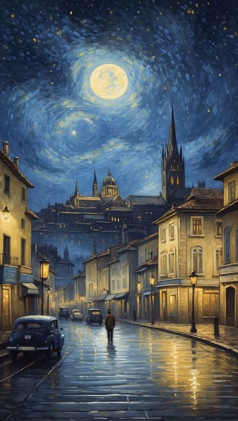 Under the watchful gaze of a luminous full moon, a European cobblestone street, kissed by recent rain, reflects the golden glimmers of street lights. A solitary figure walks into the night, their shadow stretching long and their journey a tale untold. The warmth of the historic buildings contrasts the cool blue of the swirling night sky, creating a harmonious blend of color, light, and mystery. This timeless scene whispers the poetry of the night to every dreamer's heart. 🌕✨🌃 Scene Whispers, Night Time Art, Vintage Scenery, Rain Street, Cobblestone Street, Road Painting, Moonlight Painting, Moonlight Sonata, Rain Painting