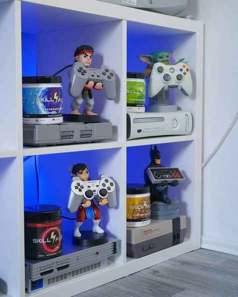 Game Console Collection Display, Gaming Cabinet Ideas, Pro Gamer Aesthetic, Video Game Display Ideas, Gaming Console Organization, Gaming Console Setup, Video Game Storage Ideas, Xbox Storage Ideas, Gaming Shelf