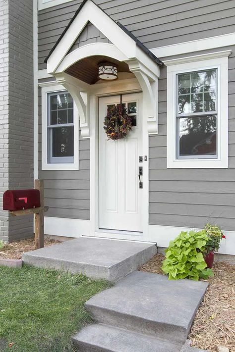 Portico Entry, Front Door Overhang, Door Overhang, White Front Door, Concrete Walkway, Door Awnings, Cape House, Cape Cod House, Front Entry Doors