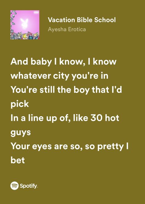 Vacation Bible School Ayesha, Ayesha Erotica, Spotify Lyrics, Love W, Vacation Bible School, Bible School, Song Lyrics, Spice Things Up, Sims 4