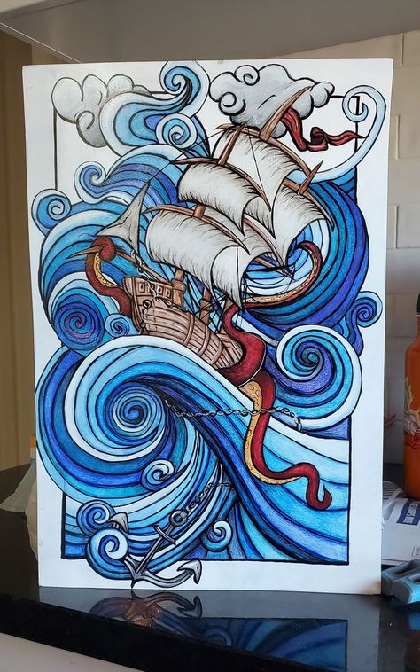 Drawing Pirate Ship, Nautical Art Drawing, Pirate Ship Doodle, Arts And Crafts Drawing, Pirate Drawing Ideas, Pirate Ship Painting Easy, Watercolor Pirate Ship, Pirate Art Drawing, Pirate Ship Sketch