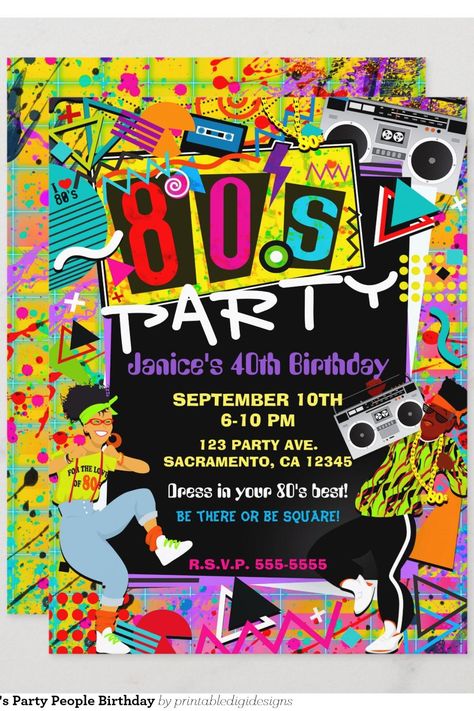 Retro Fun Bright 80's Party People Birthday Invitation 80s Party Invitations, 80's Party, Neon Birthday, Retro Birthday, 80s Party, Party People, 40th Birthday, Invitation Zazzle, Birthday Invitations