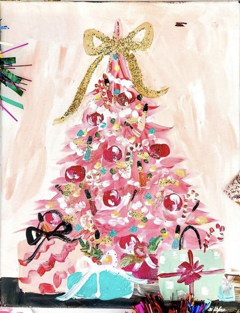 Pink Christmas Painting, Drawing Ballerina, Nutcracker Dance, Barbie Christmas Tree, Painted Christmas Tree, A Pink Christmas, Christmas Card Illustration, Girly Christmas, Christmas Paintings On Canvas