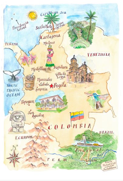 De amor y pedagogía: A Colombia en bicicleta Colombia Map, Hand Drawn Map, Colombia Travel, Cali Colombia, Pablo Escobar, Travel Wishlist, Travel South, South America Travel, Illustrated Map