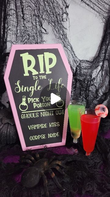 Victoria Shari | Crafts • DIY • Parties • Recipes on Instagram: "Comment SPOOKY and I’ll DM the links for all the supplies. DIY your own drink menu bar sign for a spooky bachelorette party using supplies from @Michaelsstores #sponsored  The self-standing coffin sign is actually a chalkboard, so you could also use chalk markers. But for an extra spooky sign, use removable glow in the dark vinyl like I did.  @Michaelsstores truly has everything to create anything so be sure to follow @michaelsstores and share how you #MakeItWithMichaels  #MichaelsMakers #MakeitwithMichaels #everythingtocreateanything" Diy Drink Menu Sign, Vampire Kiss, Spooky Signs, Diy Drinks, Chalk Markers, Drink Menu, Bar Signs, Diy Party, Party Food