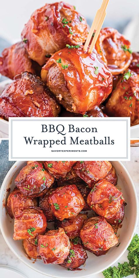 Tender, juicy homemade meatballs wrapped in crispy bacon and slathered in your favorite BBQ sauce. Great appetizer or side! Wrapped Meatballs, Bacon Wrapped Meatballs, Party Food Easy Appetizers, Best Beef Recipes, Appetizer Meatballs, Bacon Appetizers, Bbq Bacon, Homemade Meatballs, Side Dish Recipes Easy