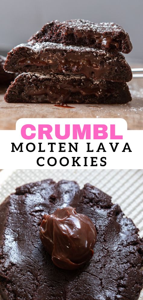 Molten Lava Cookies, Crumbl Recipes, Crumbl Cookie Recipes, Crumbl Copycat, Lava Cookies, Crumble Cookie Recipe, Crumble Cookies, Crumble Cookie, Crumbl Cookies