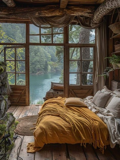 Forest Bedroom, Forest Cottage, Bedroom Cabin, Wooden Cabins, Cottage Bedroom, Waterfront Homes, Safe Place, Amazing Architecture, Dream Room