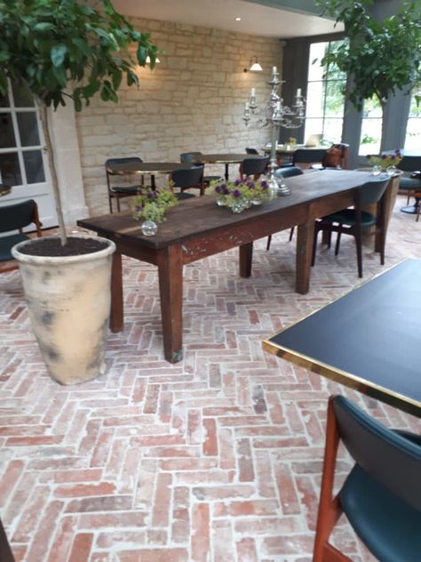 Herringbone tile pattern ideas - Lubelska Tile On Concrete Patio, Herringbone Tile Pattern, Backyard Landscapes, Casa Hobbit, Bali Garden, Brick Floor, Antique Brick, Succulent Landscaping, Reclaimed Brick