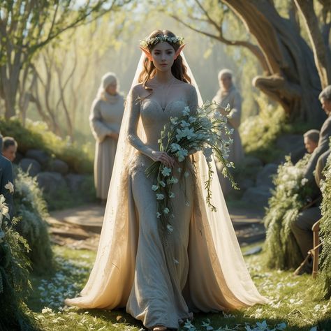 A radiant elf bride glows with joy on her wedding day👰🏻‍♀️ @ai_creations_24 #juneaicreations . . . . #elf #bride #wedding #fantasy #aiart #digitalart Elf Wedding Dress Princess, Wedding Fairy Dress, How To Love Your Elf Bride, Elf Wedding Dress Woodland, Whimsical Wedding Dress Fairies, Elven Wedding Dress Art, Long Sleeve Elven Wedding Dress, Elf Wedding Dress, Elf Wedding