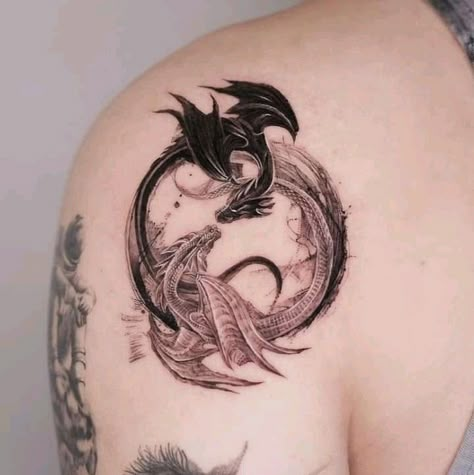 Women Dragon Sleeve Tattoo, Dragon Pisces Tattoo, Elemental Dragon Tattoo, Dragon Hoard Tattoo, Hydra Dragon Tattoo, Cool Fantasy Tattoos, Woman And Dragon Tattoo, Flowy Dragon Tattoo, Infinity Dragon Tattoo