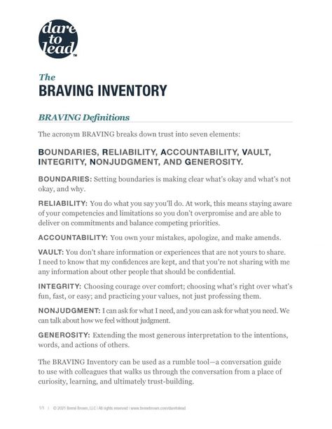 Dare to Lead The BRAVING Inventory - Brené Brown Brene Brown Dare To Lead Quotes, Dare To Lead Quotes, Brene Brown Dare To Lead, Dare To Lead Brene Brown Quotes, Braving Brene Brown, Brene Brown Boundaries, Dare To Lead Brene Brown, Counselling Worksheets, Values Worksheet