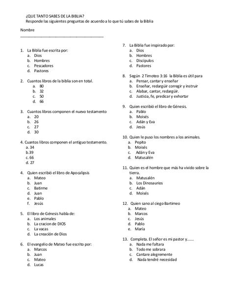 ¿QUE TANTO SABES DE LA BIBLIA? Responde las siguientes preguntas de acuerdo a lo que tú sabes de la Biblia Nombre ________... Christian Youth Games, Bible Quiz Games, Bible Study Activities, Bible Crafts Sunday School, Sunday School Classroom, Bible Activities For Kids, Bible Study Methods, Bible Study For Kids, Bible Crafts For Kids
