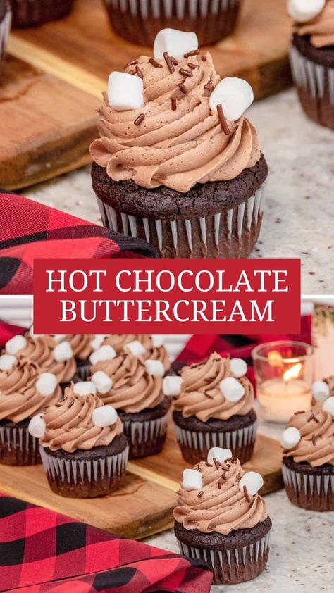 Hot Cocoa Buttercream Frosting, Cupcakes With Sprinkles, Winter Cupcakes, Hot Chocolate Cupcakes, Christmas Cupcakes Recipes, Icing Recipes, Winter Baking, Chocolate Frosting Recipes, Winter Treats