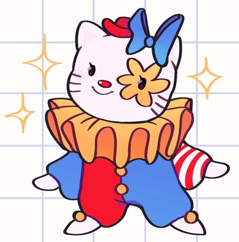 Silly Clown Drawing, Sanrio Clown, Clowncore Drawing, Chibi Clown, Clown Art Aesthetic, Clown Oc Drawing, Clown Hello Kitty, Kitty Drawing Cute, Cute Clown Drawing