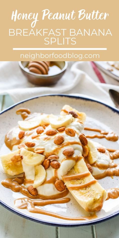 Healthy Fun Breakfast, Breakfast Banana Split, Banana Split Recipes, Banana Breakfast Recipes, Honey Peanut Butter, Dessert Pizza Recipes, Peanut Butter Breakfast, Honey Drizzle, Yogurt Honey