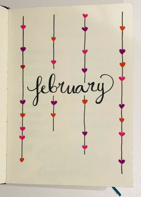 February Dot Journal Ideas, February Reading Journal, February Journal Page, Journal Decoration Ideas Notebooks, Bulett Journal Ideas February, February Journal Cover, Febuary Spreads Bullet Journal, February Drawings, February Title Page