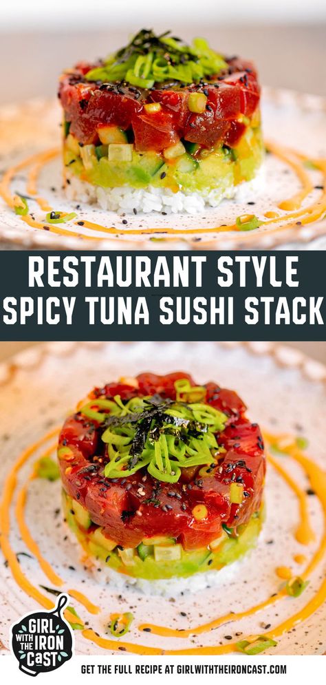 Looking to make your own sushi dish that’s both delicious and unique? Why not try making a spicy tuna sushi stack! This easy recipe is perfect for making sushi at home with a homemade spicy tuna, sushi rice, avocado, cucumber, and spicy mayo. With just a few ingredients and simple instructions, you can enjoy this wonderful appetizer or light dinner. Follow these steps and make your very own spicy tuna sushi stack at home! Sushi Party Food Ideas, Tuna Sushi Recipes, Seafood Stack, Ufc Party, Sushi Stacks Recipe, At Home Sushi, Sushi Stack, Mexican Sushi, Sushi Stacks