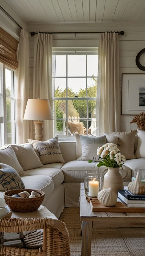 A light and bright country chic living room with an em 0 White And Bright Living Room, Airy Cottage Interior, Living Room Designs French Country, Country Cottage Modern, Cozy Cottage Living Room Ideas, European Cottage Living Room, White House Aesthetic, Breezeway Addition, Cottagecore Living Rooms