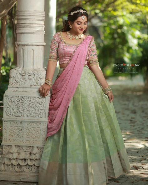 Pastel Color Lehenga Colour Combinations, Lehanga Colours Combination, Half Saree Belt Designs, Dhavani Colour Combination, Pink Green Half Saree, Tredishnal Outfit, Colour Combination For Lehenga, Pastel Colour Half Sarees, Light Green Lehenga Combination