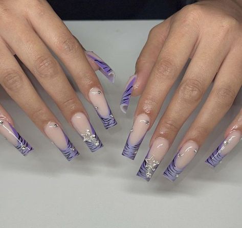 Purple French Tip, Zebra Print Nails, Purple French, Zebra Nails, Purple Nail Designs, Classy Acrylic Nails, Long Square Acrylic Nails, Nail Swag, Bling Acrylic Nails