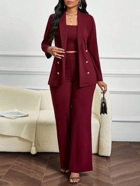 Ensemble de costume pour femme comprenant un gilet, une veste et un pantalon de costume, en couleur cramoisi, pour tenue de invitée de mariage toutes saisons Rouge foncé Élégant    Unicolore  Extensibilité légère  Women Clothing, size features are:Bust: ,Length: ,Sleeve Length: Wedding Guest Suits For Women, Quinceanera Suits For Women, Corset Fashion Outfits, Burgundy Suit, Fluffy Coat, Women's Suits, Four Season, Suit Pants, Straight Leg Trousers