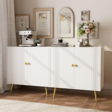 PRICES MAY VARY. Multifunctional Use: The cabinet can be used as a buffet cabinet, sideboard, bar cabinet, or even a credenza. Its white finish with carved fluted texture adds a touch of elegance and sophistication, making it suitable for various settings and decor styles. Whether used in a living room, dining room, or office, it will add both functionality and style to your space Buffet Cabinet with Adjustable Shelves: The accent cabinet offers ample storage space for all your needs. With adjus Small Dining Room Buffet, Modern Liquor Cabinet, Living Room Storage Cabinets, Gold Door Handles, Sideboard Bar Cabinet, Small Storage Cabinet, Cabinet For Living Room, Shelves Modern, Cabinet With Storage