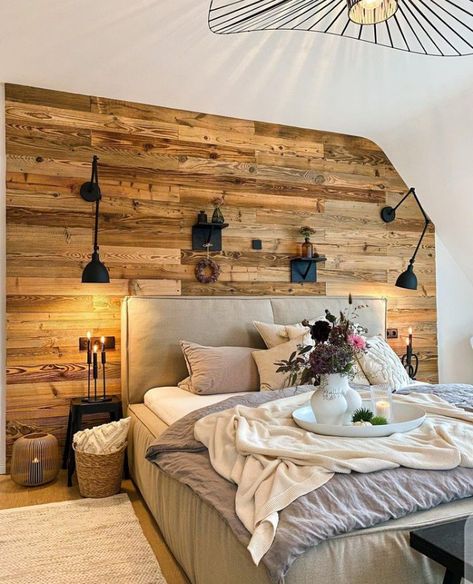 Wooden Planks On Wall, Pallet Bedroom, Rug Under Bed, Wooden Wall Decoration, White Bedroom Decor, Warm Bedroom, Wall Decoration Ideas, Simple Decoration, Wooden Plank