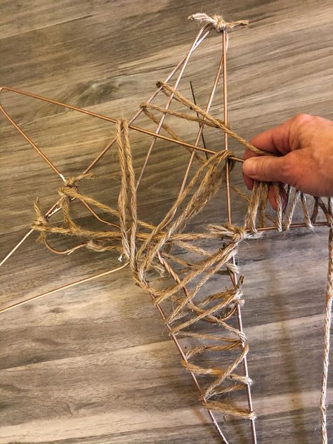 star according to how much twine you want wrapped around it. My stars are not completely covered. Diy Rope Design, Decoracion Navidad Diy, Julkransar Diy, Wire Hanger Crafts, Diy Crafts Ideas, Twine Diy, Twine Crafts, The Shabby Tree, Hanger Crafts