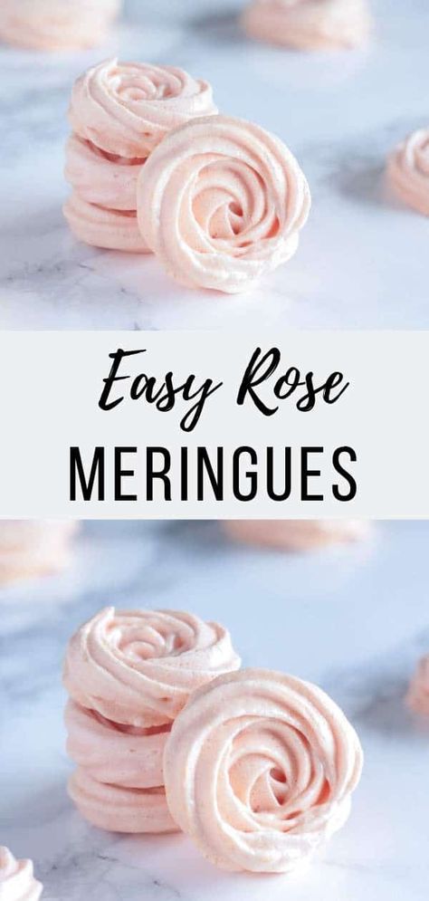 Rose Meringues - learn how to make rose-scented pink meringue roses! These are the perfect gift for the  Easter holidays  but also make for a great cake decoration #meringue, #desserts Rose Cookies Recipe, Pink Brunch Food, Elegant Pastries, Hosting Lunch, Rose Desserts, Pink Pastries, Meringue Roses, Rose Baking, Shortbread Bites