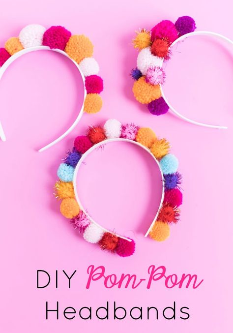 The Easiest DIY Pom-Pom Headbands - Design Improvised Kids Pom Pom Crafts, Unicorn Pom Pom Diy, Dance Craft Ideas, Diy Princess Headbands, Pompom Headband Diy, Diy Headbands For Kids, Diy Festival Ideas, Pom Pom Headband Diy, Festival Crafts For Kids