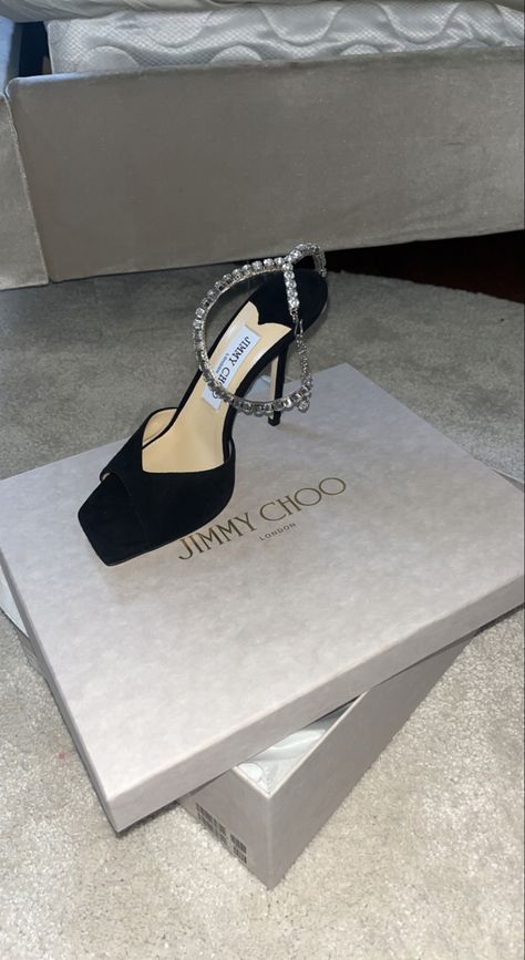 Crystal Heels Elegant, Heels Classy Elegant Black, Jimmy Choo Aesthetic, Expensive Heels, Elegant Shoes Heels, Jimmy Choo Sandals, Crystal Heels, Black Suede Heels, Womens Stilettos