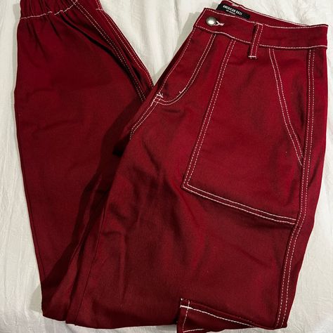 Red Cargo Joggers With White Stitching. Cinched At The Bottom For A More Fitted Look. Pockets On Both Sides Of Pants. Never Worn, Perfect Condition. Red Cargo Pants, Dr Closet, Cargo Joggers, Red Pants, Both Sides, Cargo Pants, Cyberpunk, Pant Jumpsuit, Red White