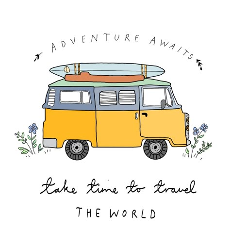 Campervan Illustration, Camper Drawing, Van Tattoo, Vw Bus Art, Diy Crafts Cute, Camper Quotes, Bus Illustration, Van Drawing, Pet Taxi