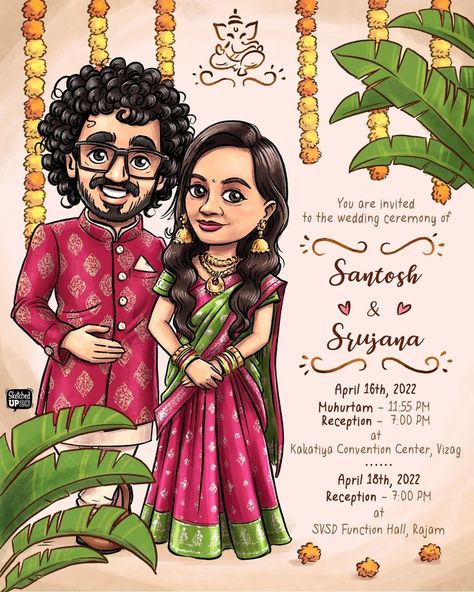 Cartoon Wedding Invitations, Caricature Wedding Invitations, Wedding Illustration Card, Wedding Invitation Posters, Couple Illustration Wedding, Hindu Wedding Invitation Cards, Wedding Card Design Indian, Marriage Invitation Card, Indian Wedding Invitation Card Design